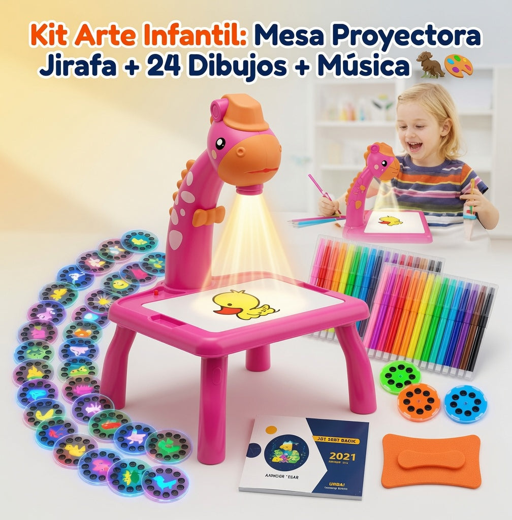 Kit Arte Infantil: Mesa Proyectora Jirafa + 24 Dibujos + Música 🦒🎨