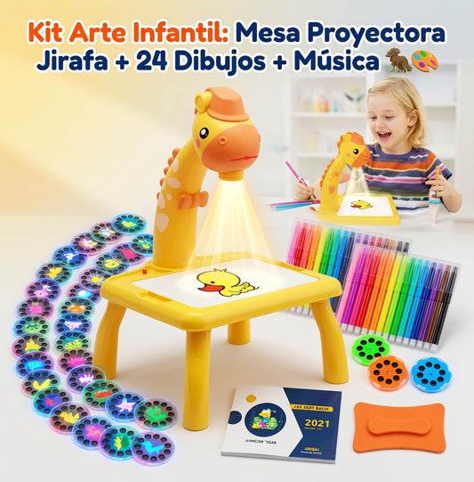 Kit Arte Infantil: Mesa Proyectora Jirafa + 24 Dibujos + Música 🦒🎨